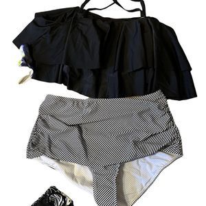 Dbl Ruffled Bikini Crop Top adj straps over built in bra Black bottoms or stripe
